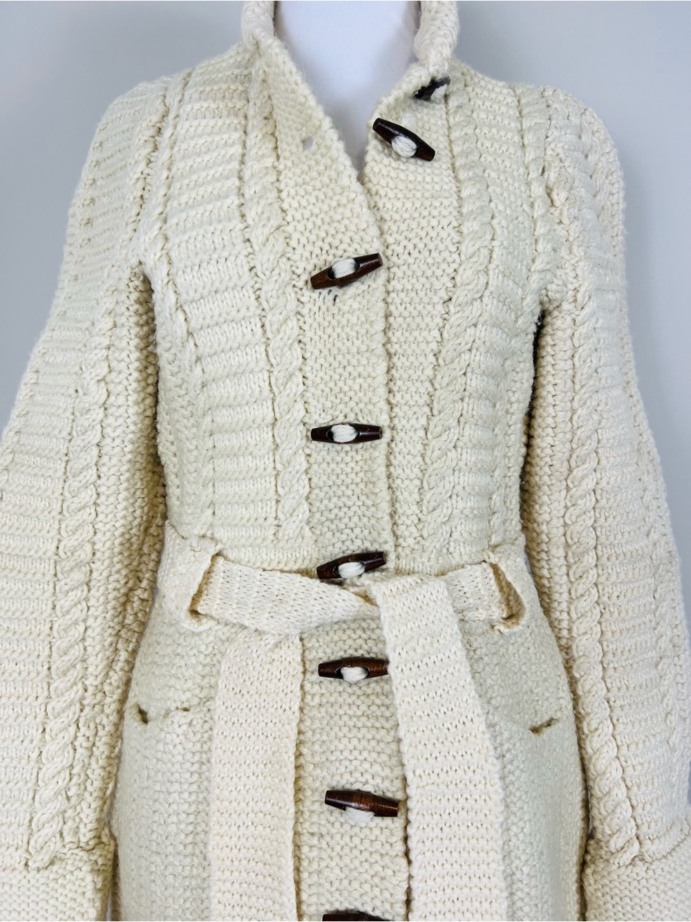 Vintage hand knit Cream Cable Knit Belted Coat